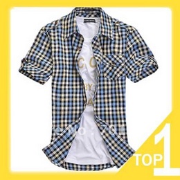 Рубашки AliExpress dropship Plaid Basic Short Sleeve Button Down Shirt Chinese